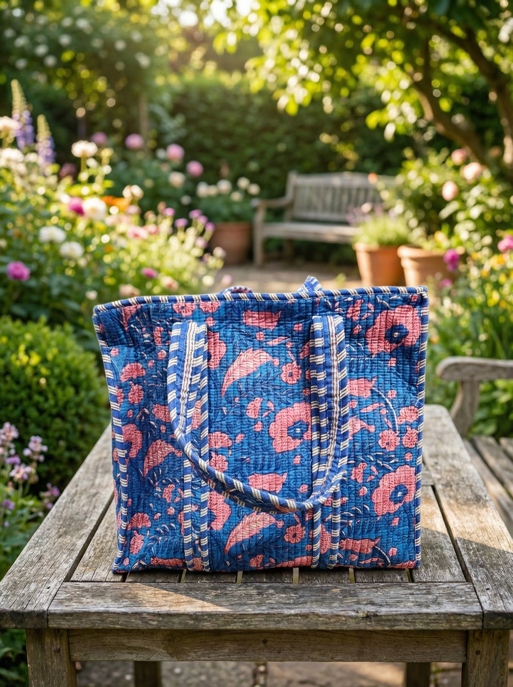 Blue Hand-Quilted Tote Bag with Zipper & Pocket [16x16]