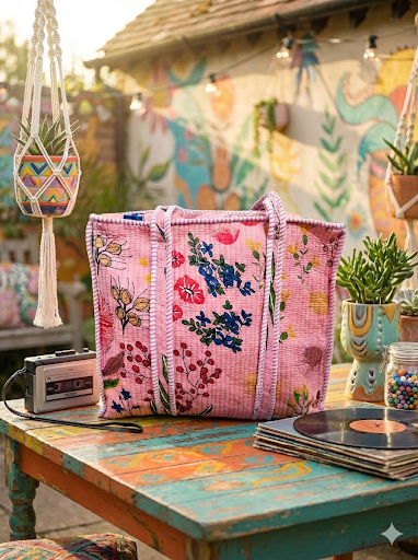 Pink Meadow Hand-Quilted Tote Bag with Zipper & Pocket [16x16]