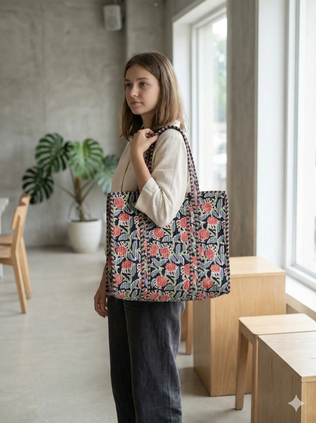 Multicolour Hand-Quilted Tote Bag with Zipper & Pocket [18x18]