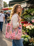 Pink Meadow Hand-Quilted Tote Bag with Zipper & Pocket [16x16]