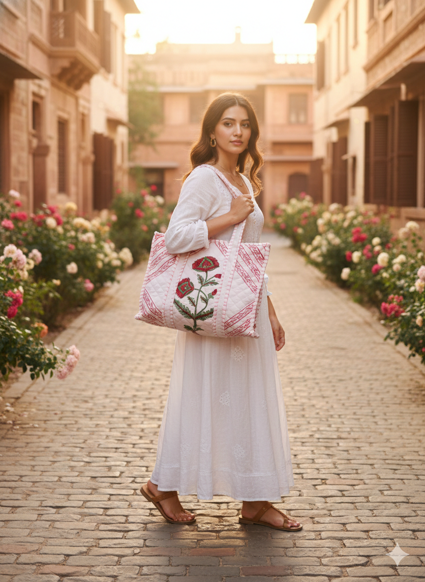 Handblock - Quilted Tote Bag with Zipper & Pocket [16x16]
