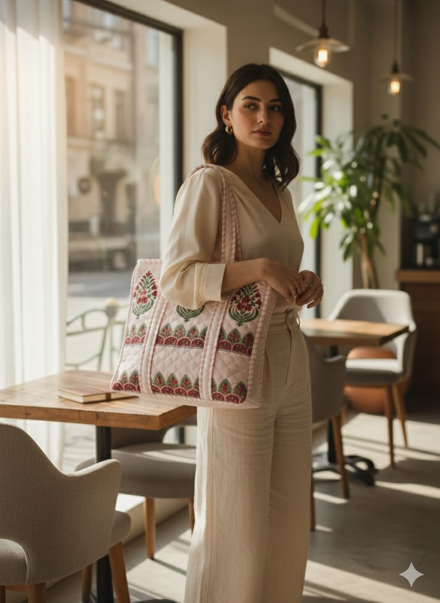 Handblock - Quilted Tote Bag with Zipper & Pocket [16x16]