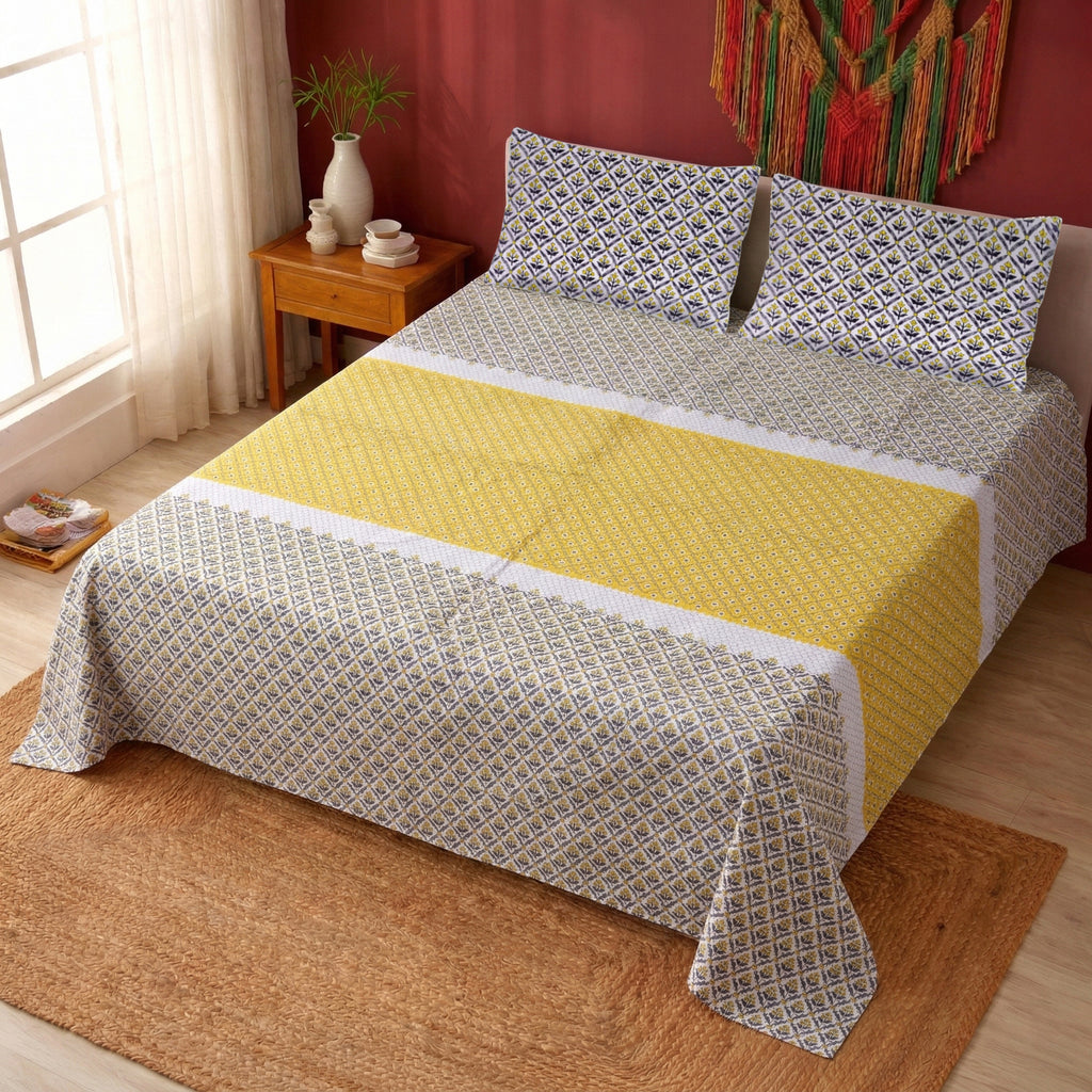 Pure Cotton Bedsheet | King Size Yellow