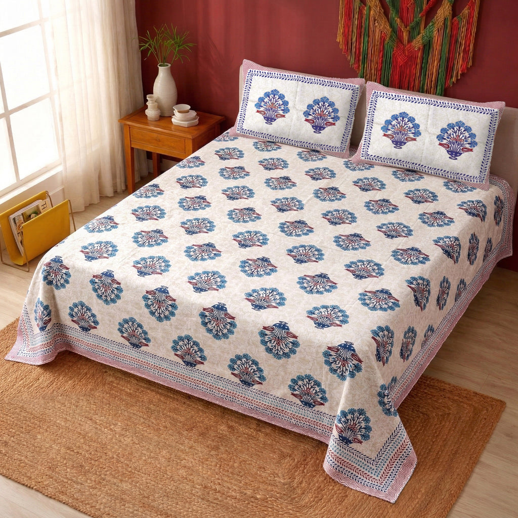 Pure Cotton Bedsheet | King Size Blue/Red
