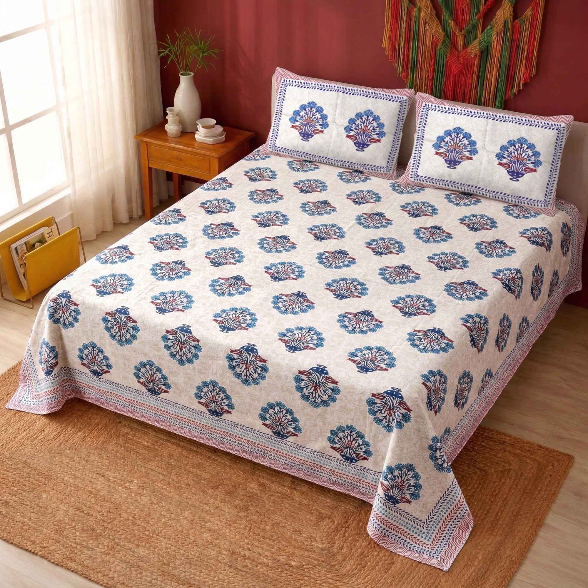 Pure Cotton Bedsheet | King Size Blue/Red