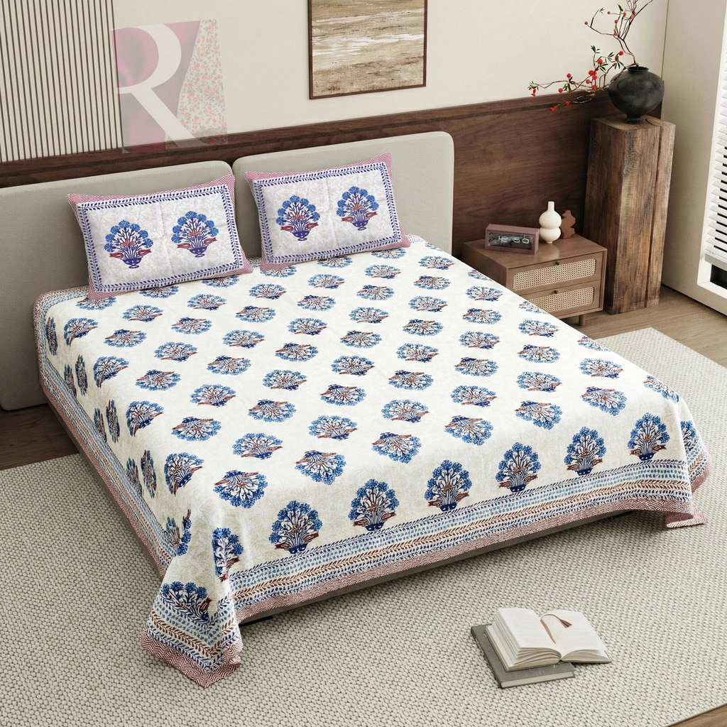 Pure Cotton Bedsheet | King Size Blue/Red