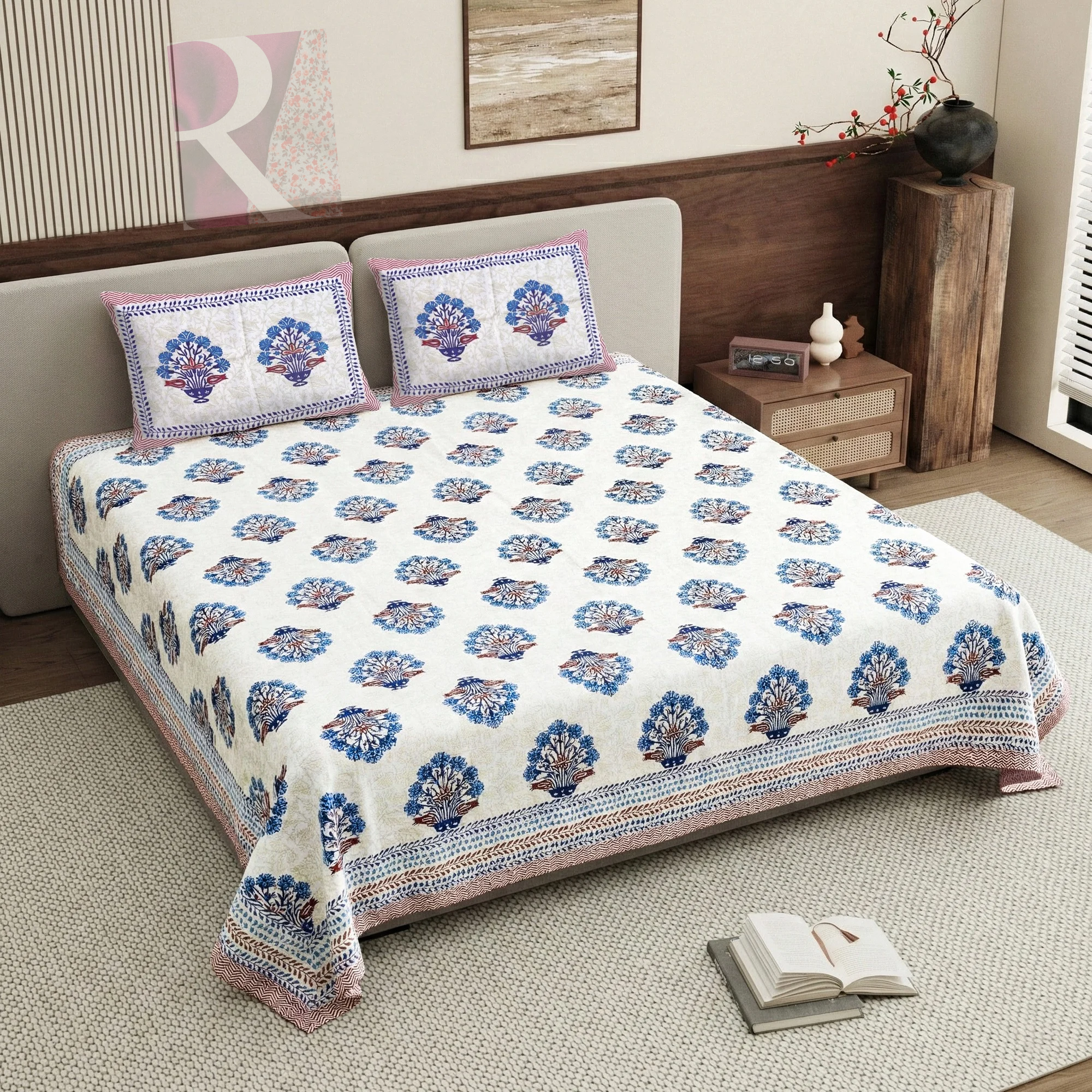 Pure Cotton Bedsheet | King Size Blue/Red