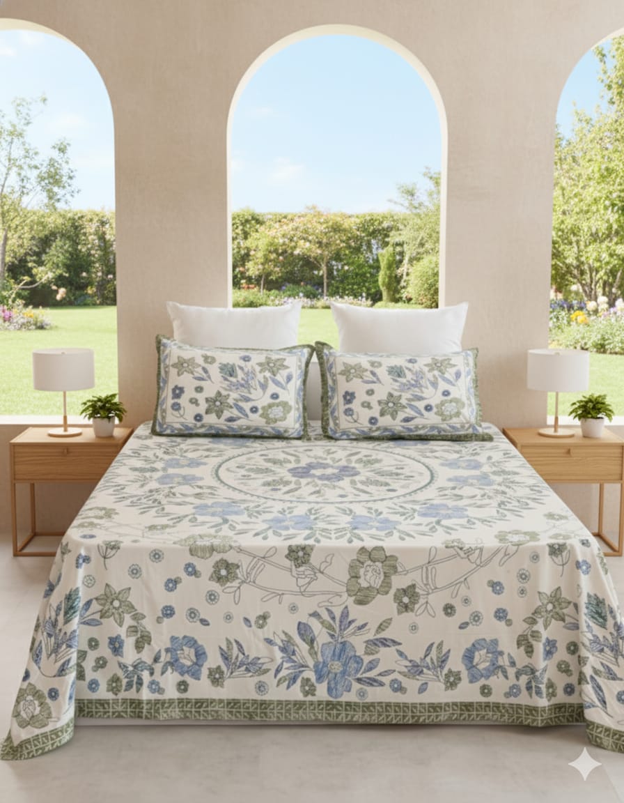 Pure Cotton Bedsheet | Double Size Green/Blue