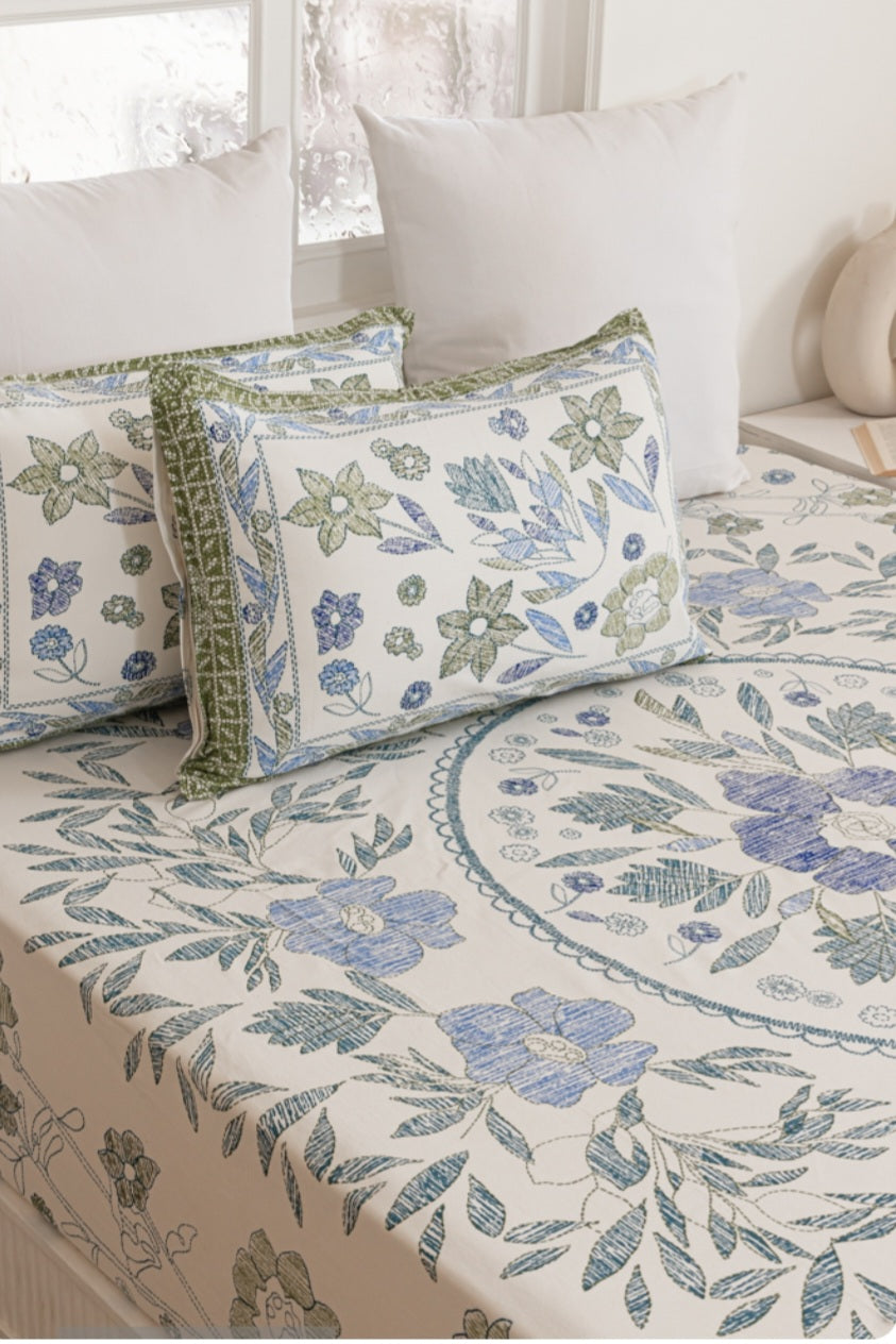 Pure Cotton Bedsheet | Double Size Green/Blue