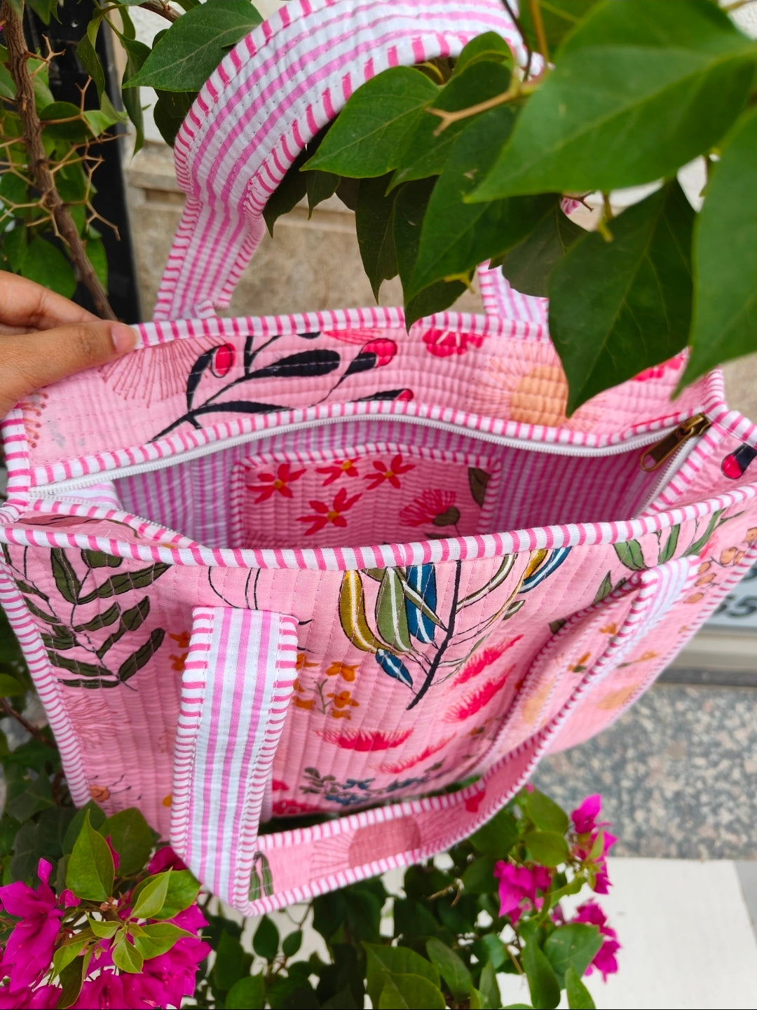 Pink Meadow Hand-Quilted Tote Bag with Zipper & Pocket [16x16]