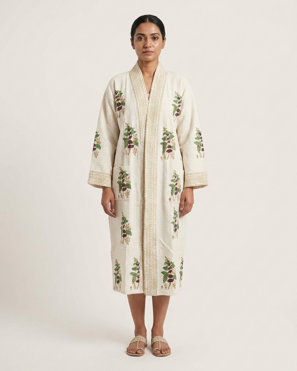 Waffle Cotton Floral Jaal Handblock Printed Unisex Bathrobe – Free Size