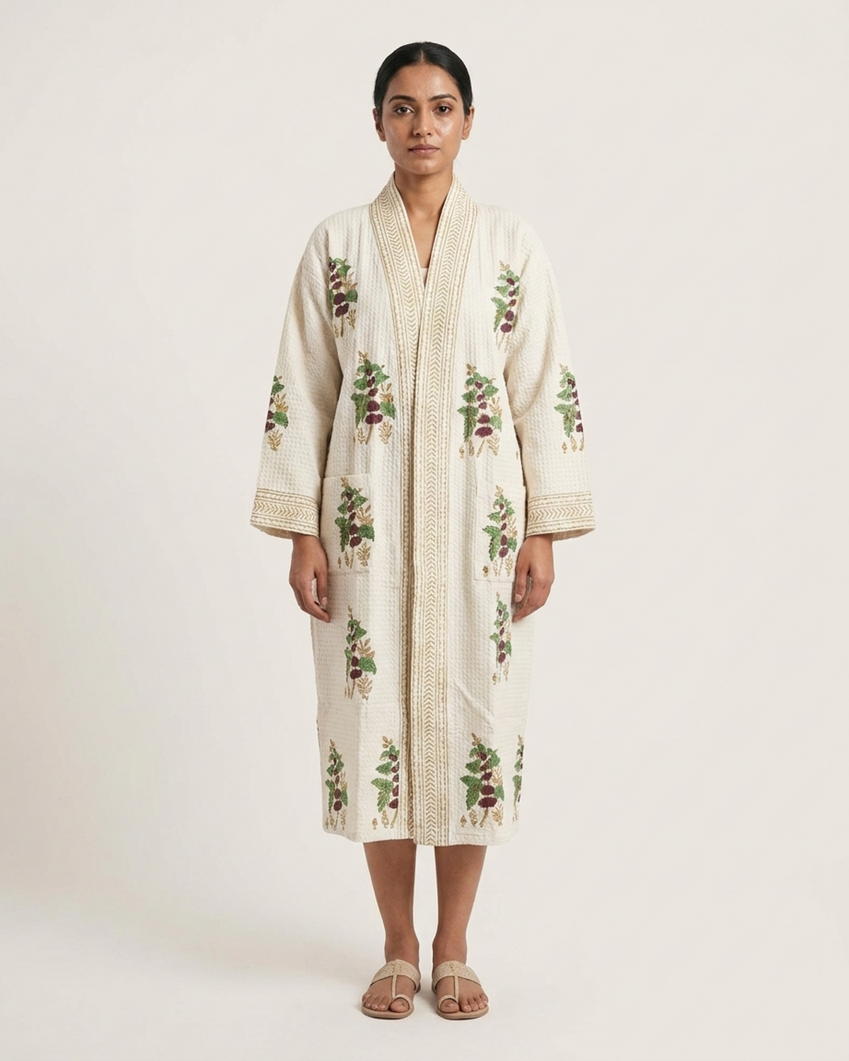 Waffle Cotton Floral Jaal Handblock Printed Unisex Bathrobe – Free Size