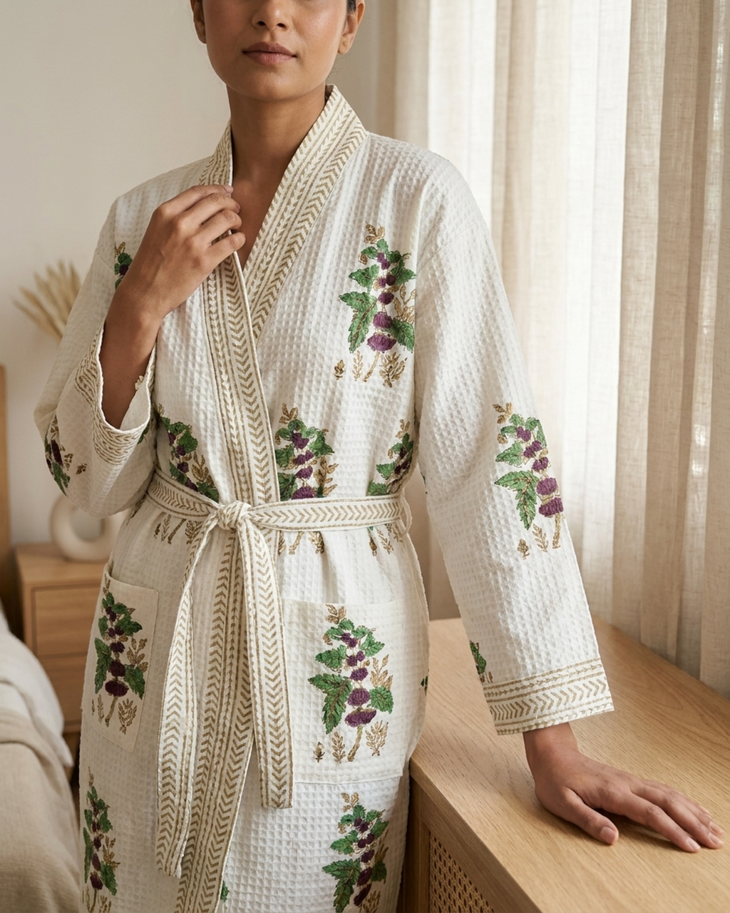 Waffle Cotton Floral Jaal Handblock Printed Unisex Bathrobe – Free Size