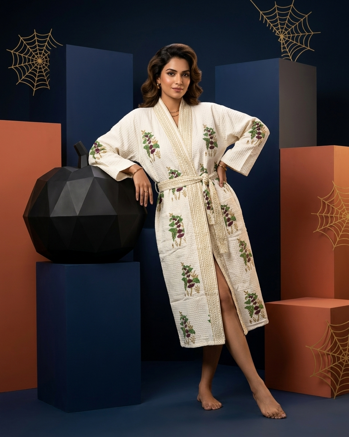 Waffle Cotton Floral Jaal Handblock Printed Unisex Bathrobe – Free Size