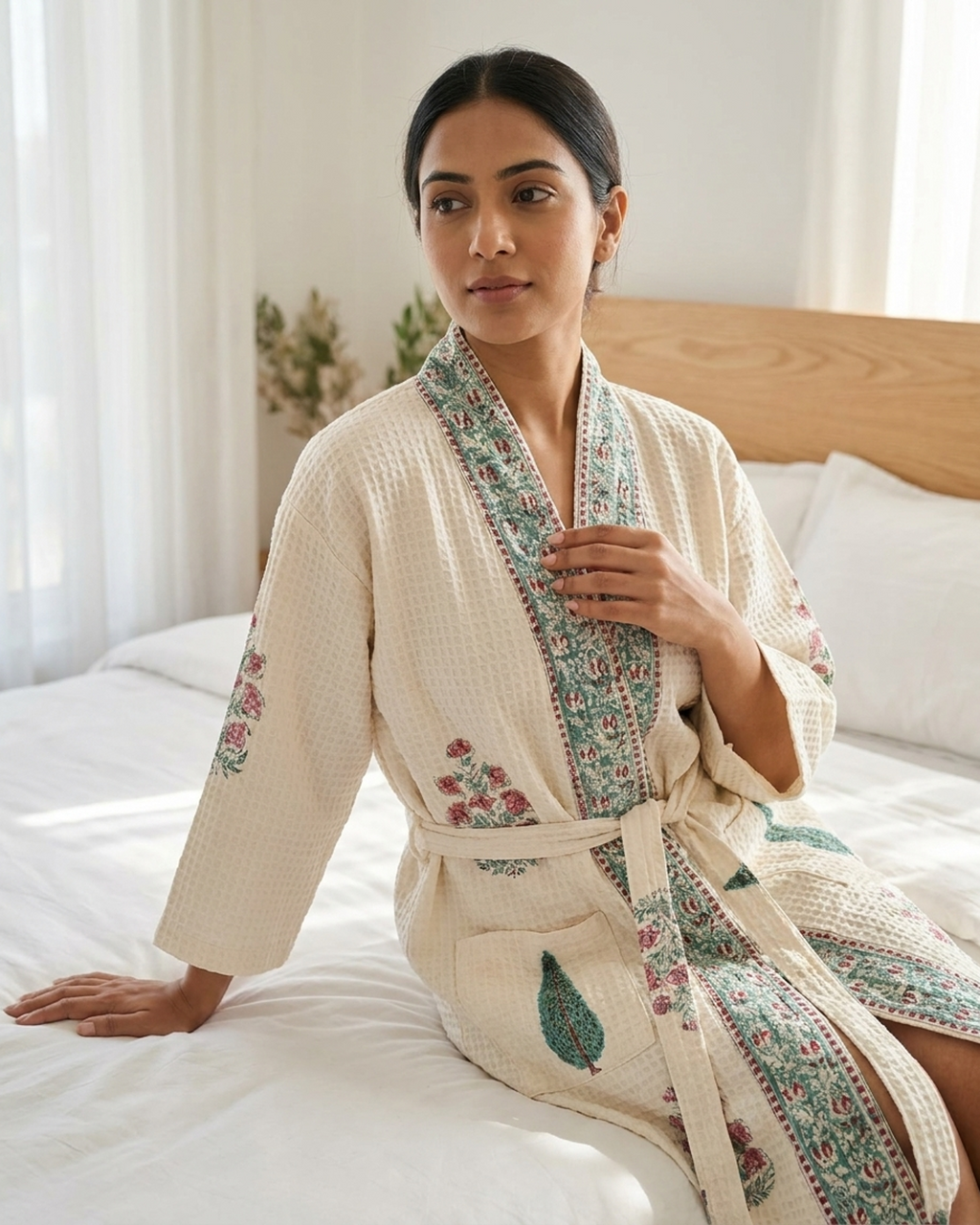 Waffle Cotton Leaf Design Handblock Printed Unisex Bathrobe – Free Size