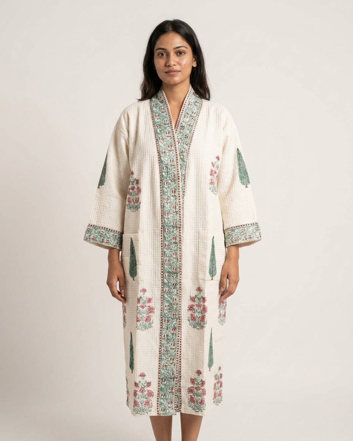 Waffle Cotton Leaf Design Handblock Printed Unisex Bathrobe – Free Size