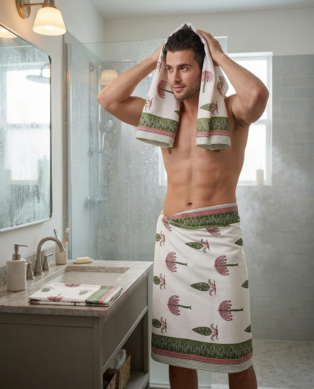 Hand Block Waffle Cotton Towel Set of 3 | 1 Bath Towel + 2 Hand Towel