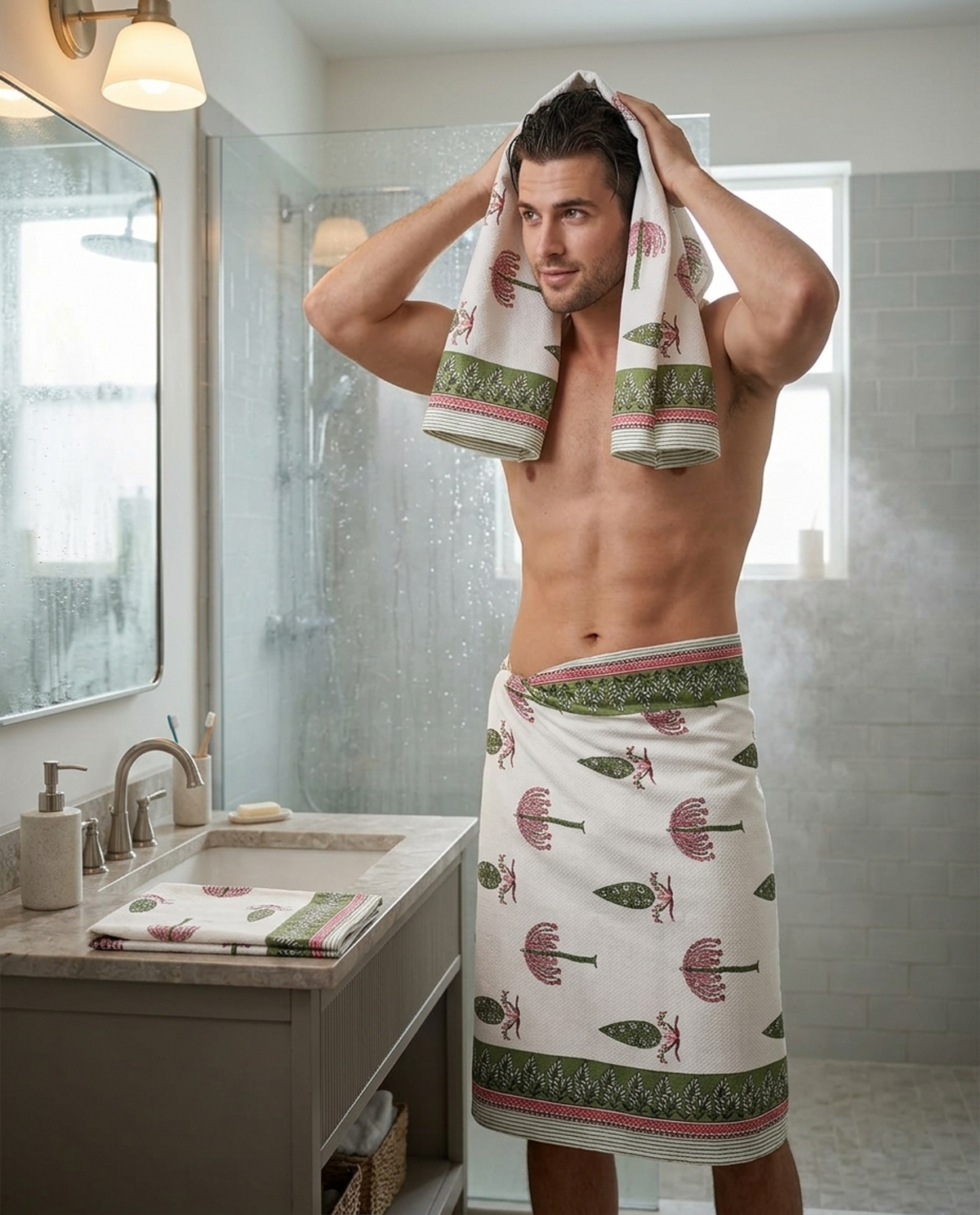 Hand Block Waffle Cotton Towel Set of 3 | 1 Bath Towel + 2 Hand Towel