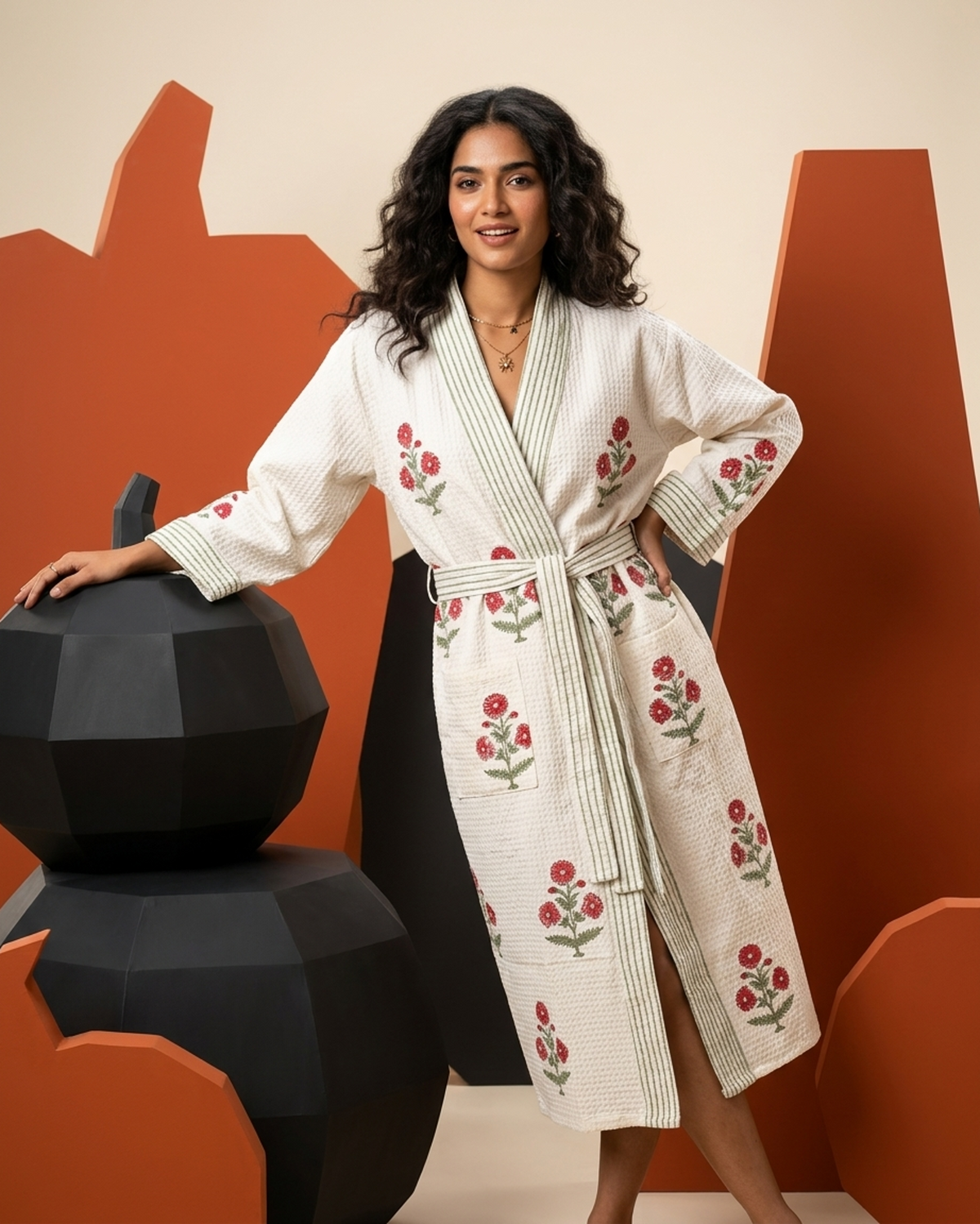 Waffle Cotton Handblock Printed Unisex Bathrobe – Free Size