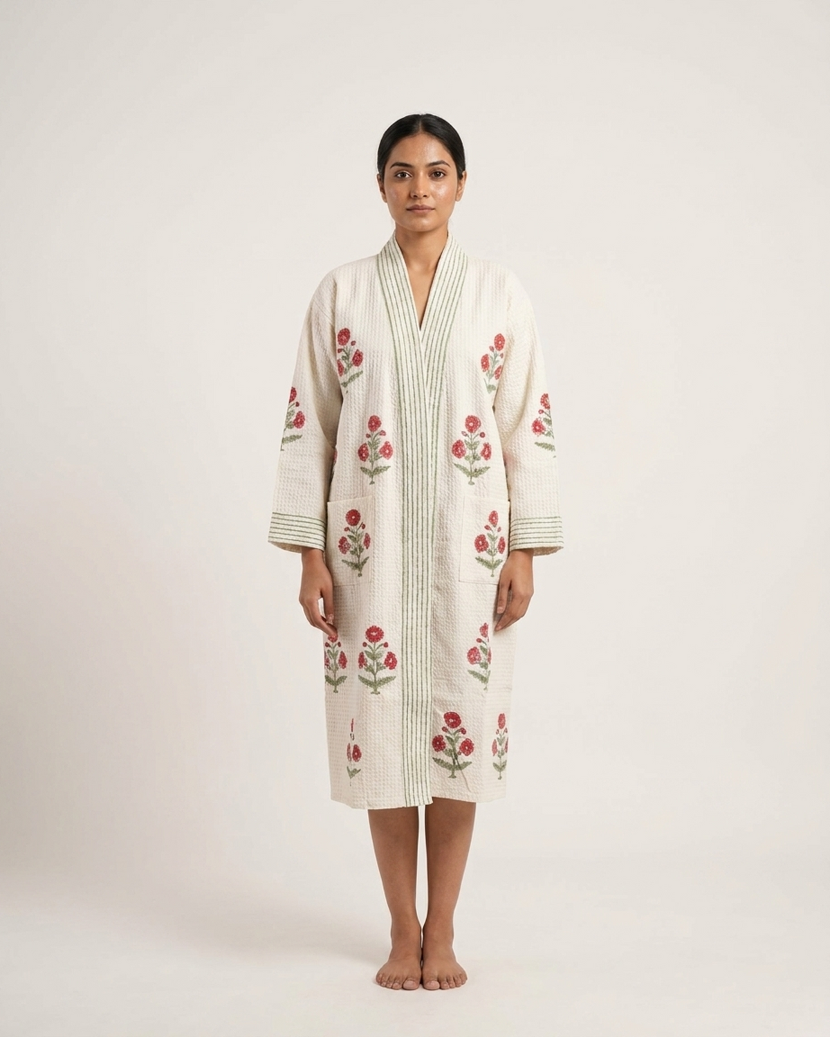 Waffle Cotton Handblock Printed Unisex Bathrobe – Free Size