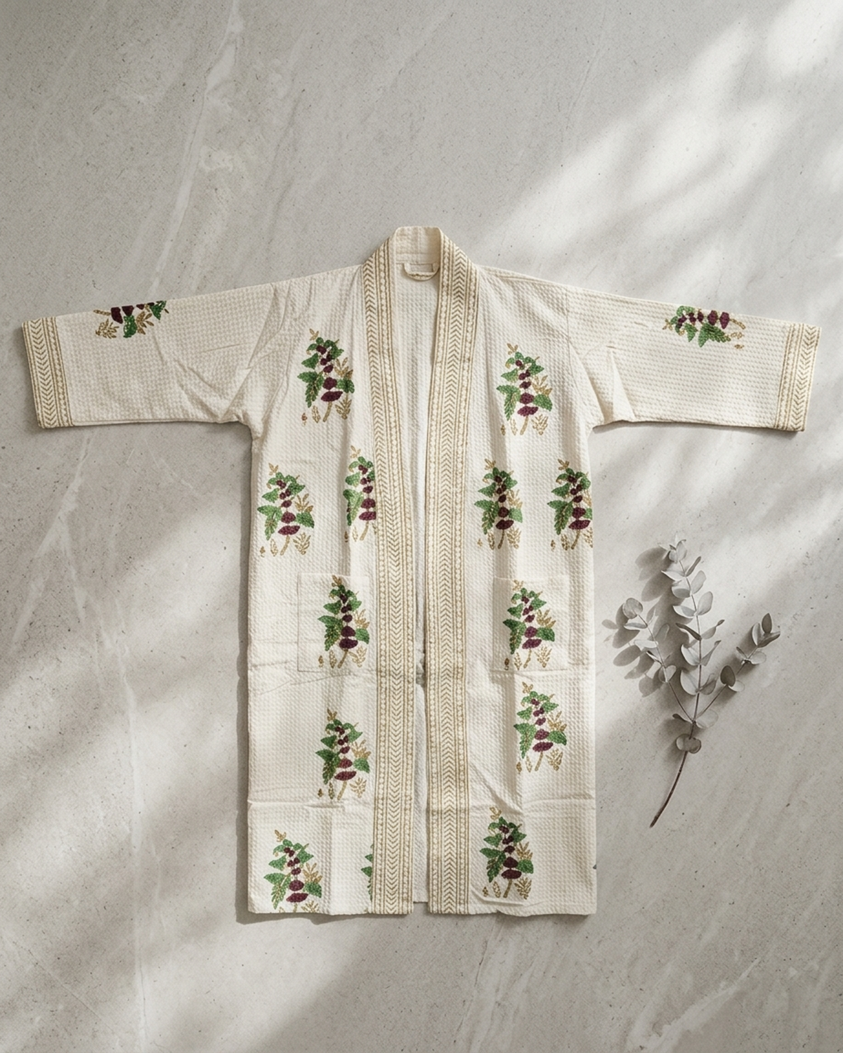 Waffle Cotton Floral Jaal Handblock Printed Unisex Bathrobe – Free Size