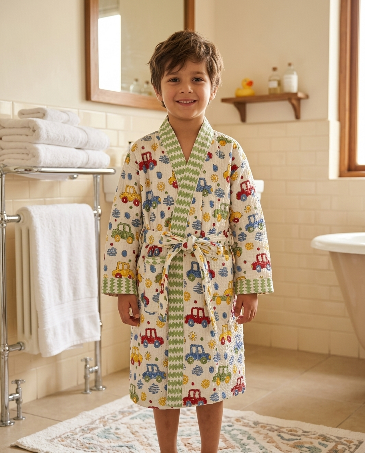 Hand Block Waffle Cotton Kids Bathrobe – Toy Car Print