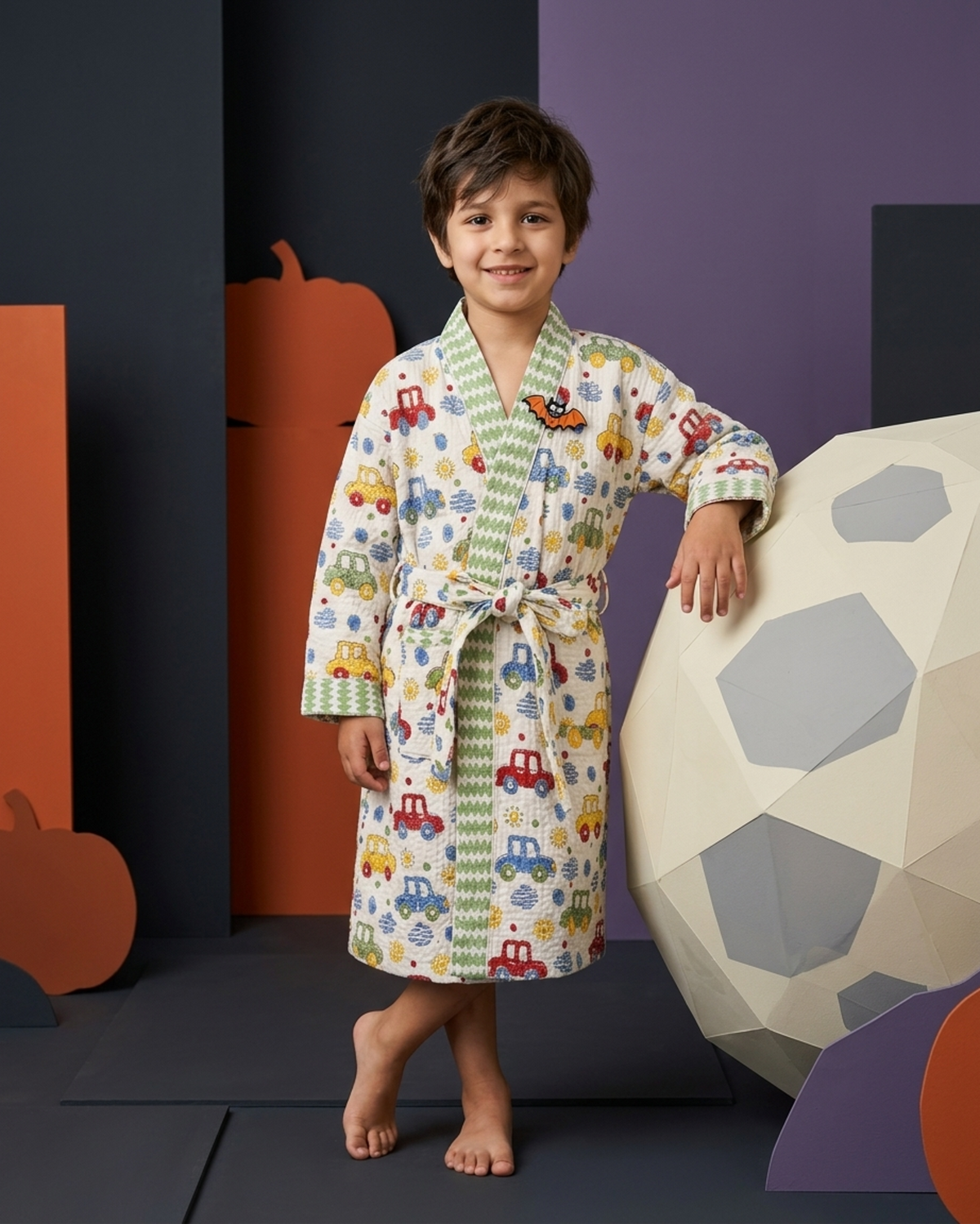 Hand Block Waffle Cotton Kids Bathrobe – Toy Car Print