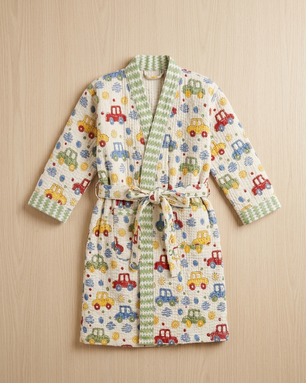Hand Block Waffle Cotton Kids Bathrobe – Toy Car Print