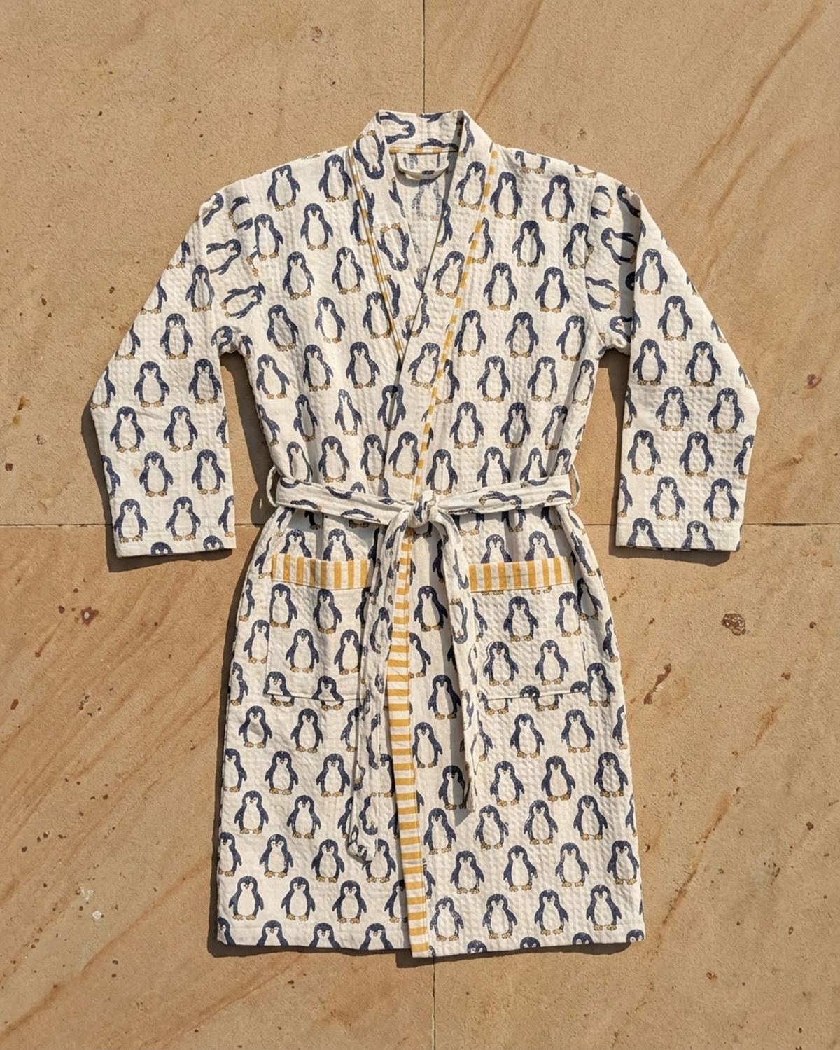 Hand Block Waffle Cotton Kids Bathrobe – Penguin Print