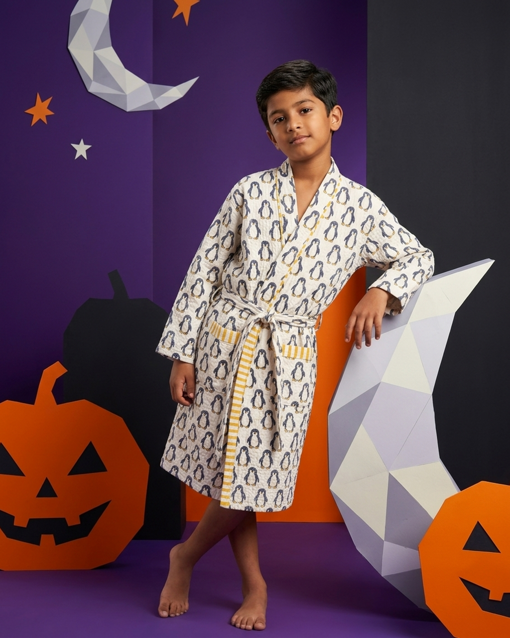 Hand Block Waffle Cotton Kids Bathrobe – Penguin Print