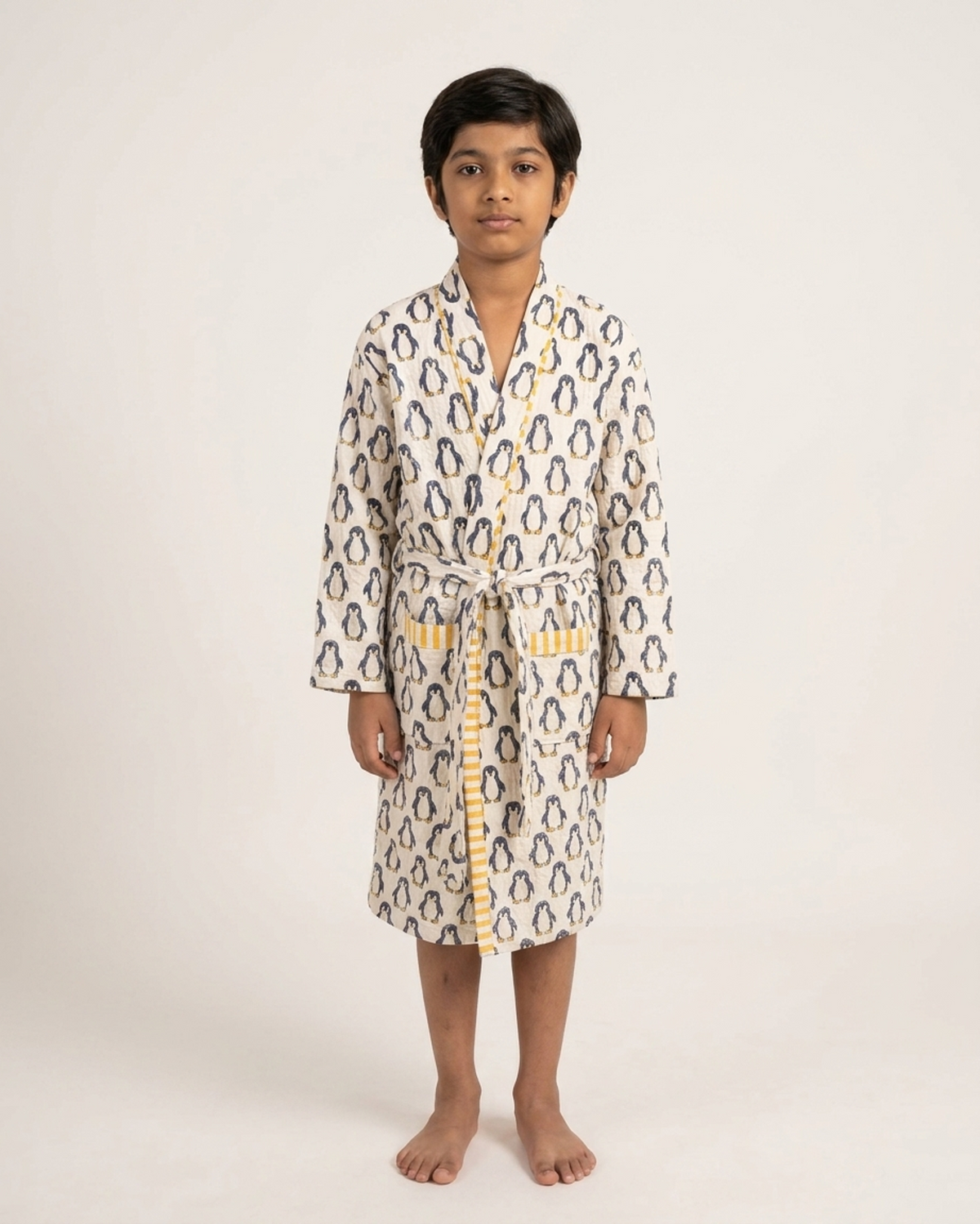 Hand Block Waffle Cotton Kids Bathrobe – Penguin Print