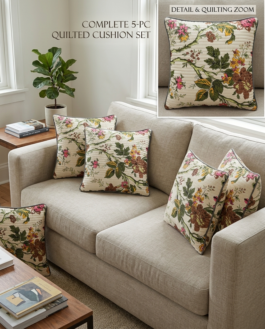 Anokhi Cotton Quilted Cushion Cover 5 Pc Set with Zip | 16x16 Inch