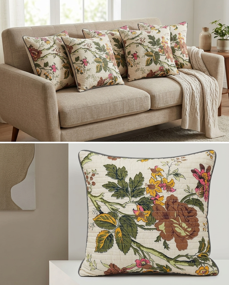 Anokhi Cotton Quilted Cushion Cover 5 Pc Set with Zip | 16x16 Inch