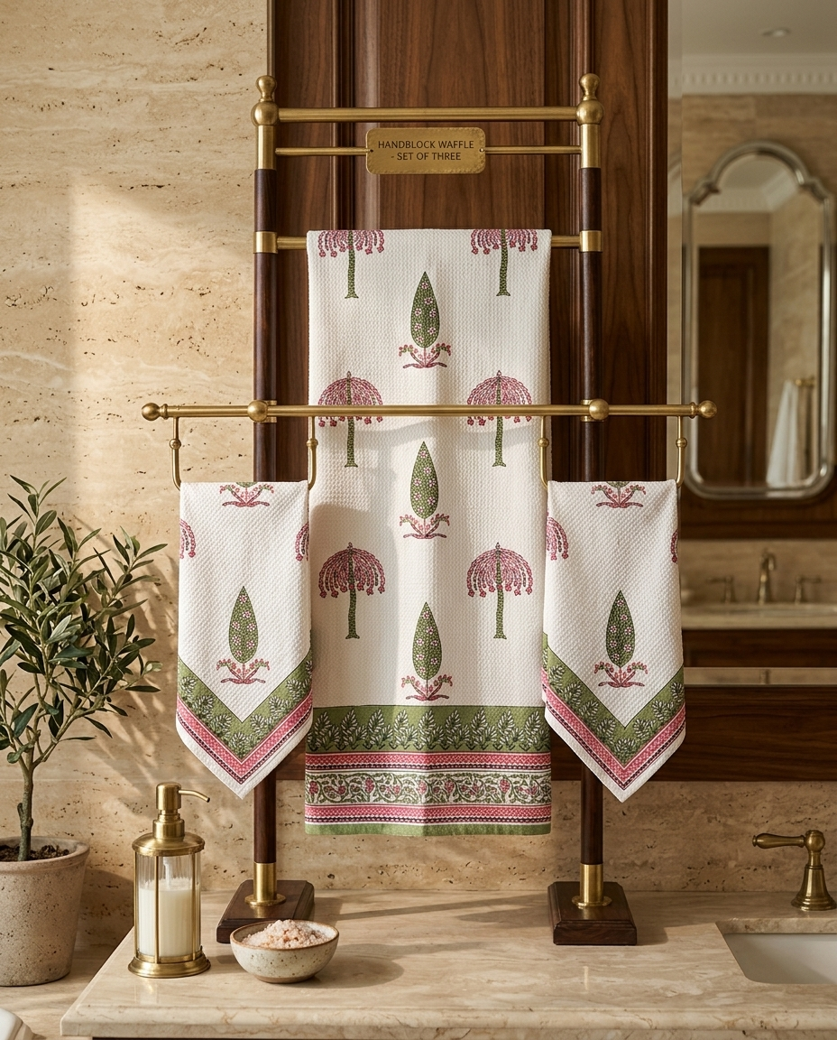 Hand Block Waffle Cotton Towel Set of 3 | 1 Bath Towel + 2 Hand Towel