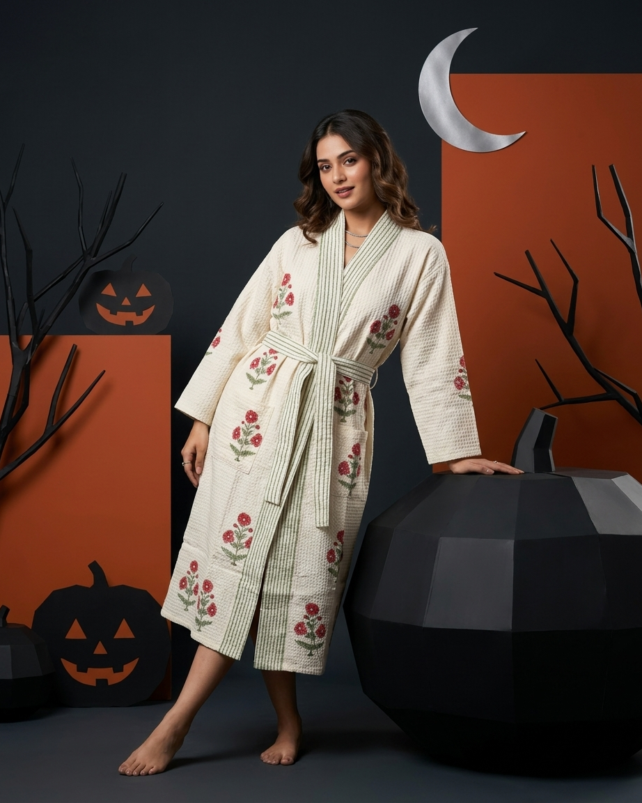 Waffle Cotton Handblock Printed Unisex Bathrobe – Free Size